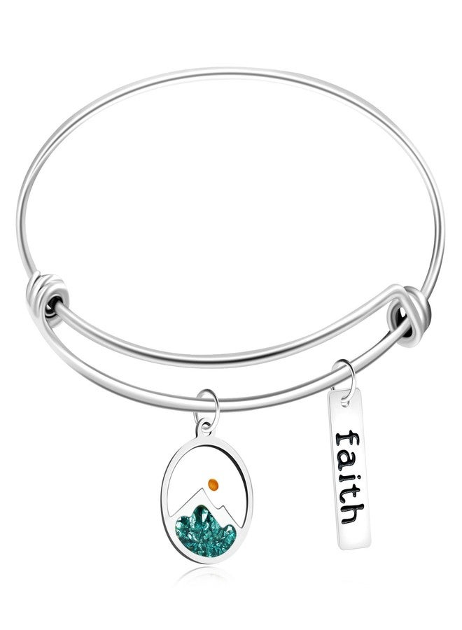 Tobestu Platinum Plated Bangle Bracelets with Green Mountain Mustard Seed Pendant and Faith Tag - Stainless Steel Religious Jewelry for Women YA4995 - Image 1